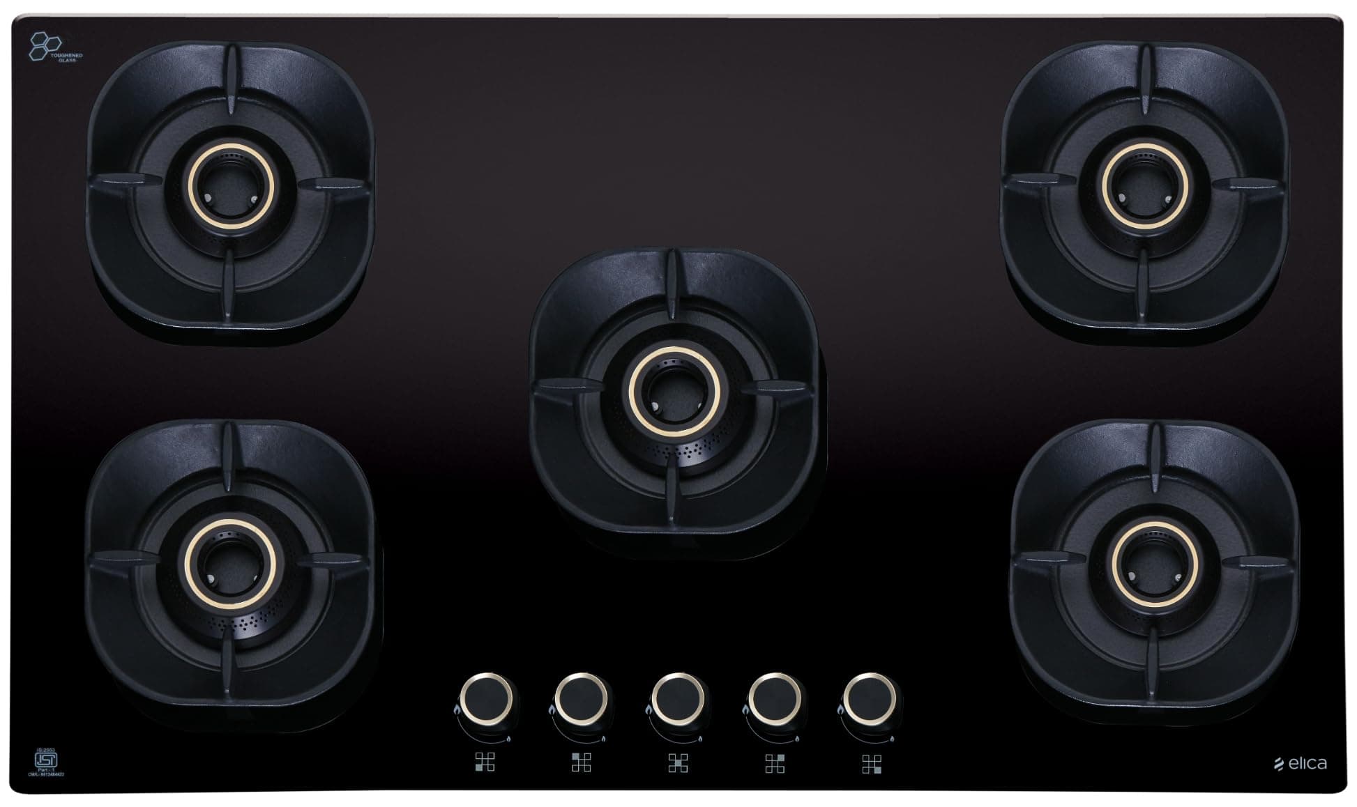 Elica 90cm 5 Burner Auto Ignition Hob | CROWN FLEXI 590 LOTUS IND HD BRASS | SABAF Triple Ring Brass Burners | 8mm Toughened Glass | Windshield Grid | 10-Year Burner Warranty