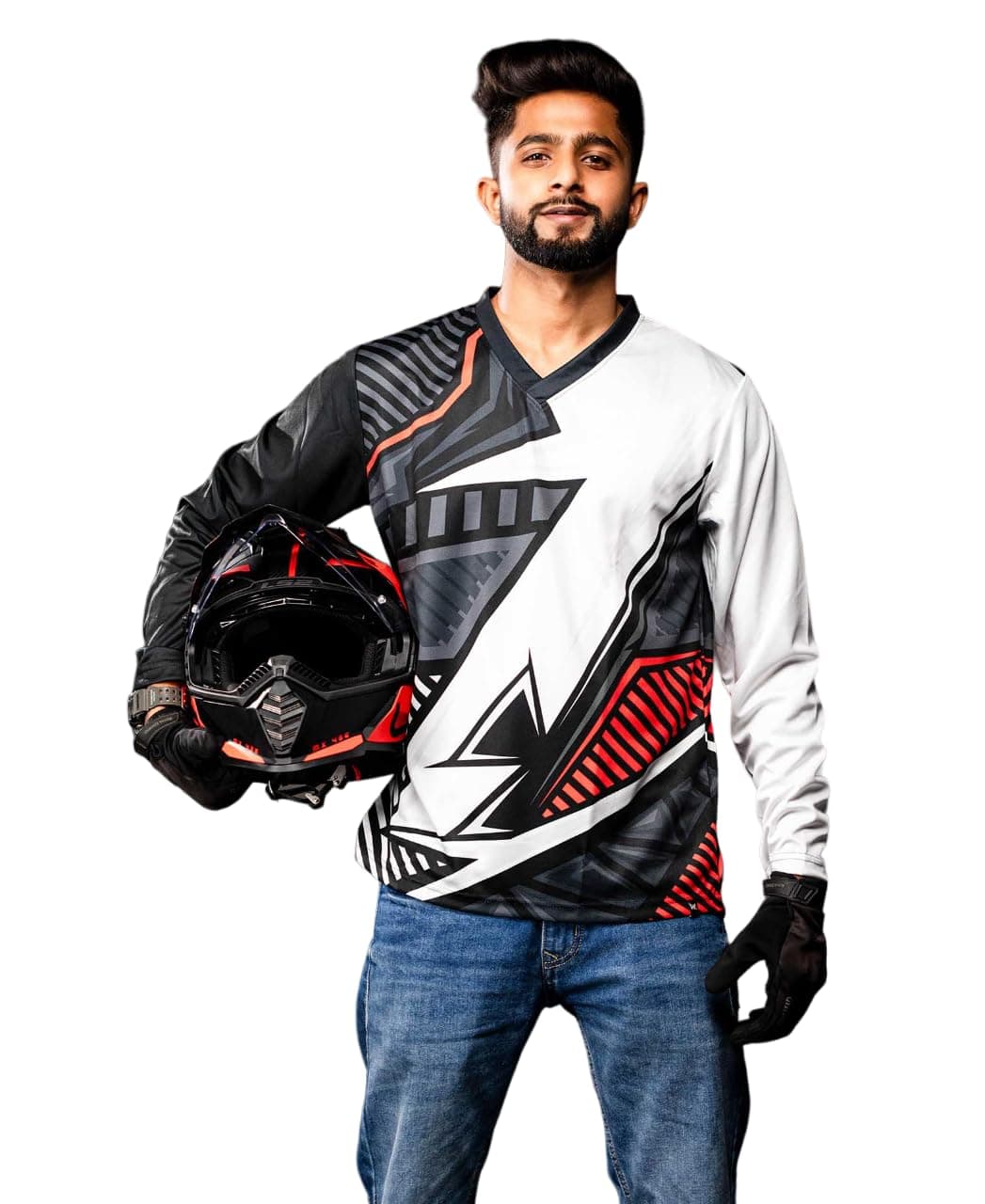 WANDERLOOMS TheTrendsetter Riding Jersey for Men | Full Sleeve Graphic Printed V Neck Cycling T-Shirt for Bikers, Sports & Outdoor Activities