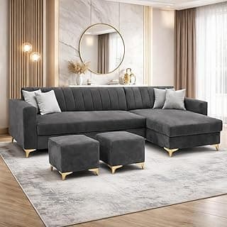 Frida Rich Velvet Suede 5 Seater L Shape Sofa Set with 2 Ottomans | Golden Aesthetic Legs | Spacious Soft Touch Comfort Seating | Modern Sectional Sofa for Living Room (Dark Gray, RHS)