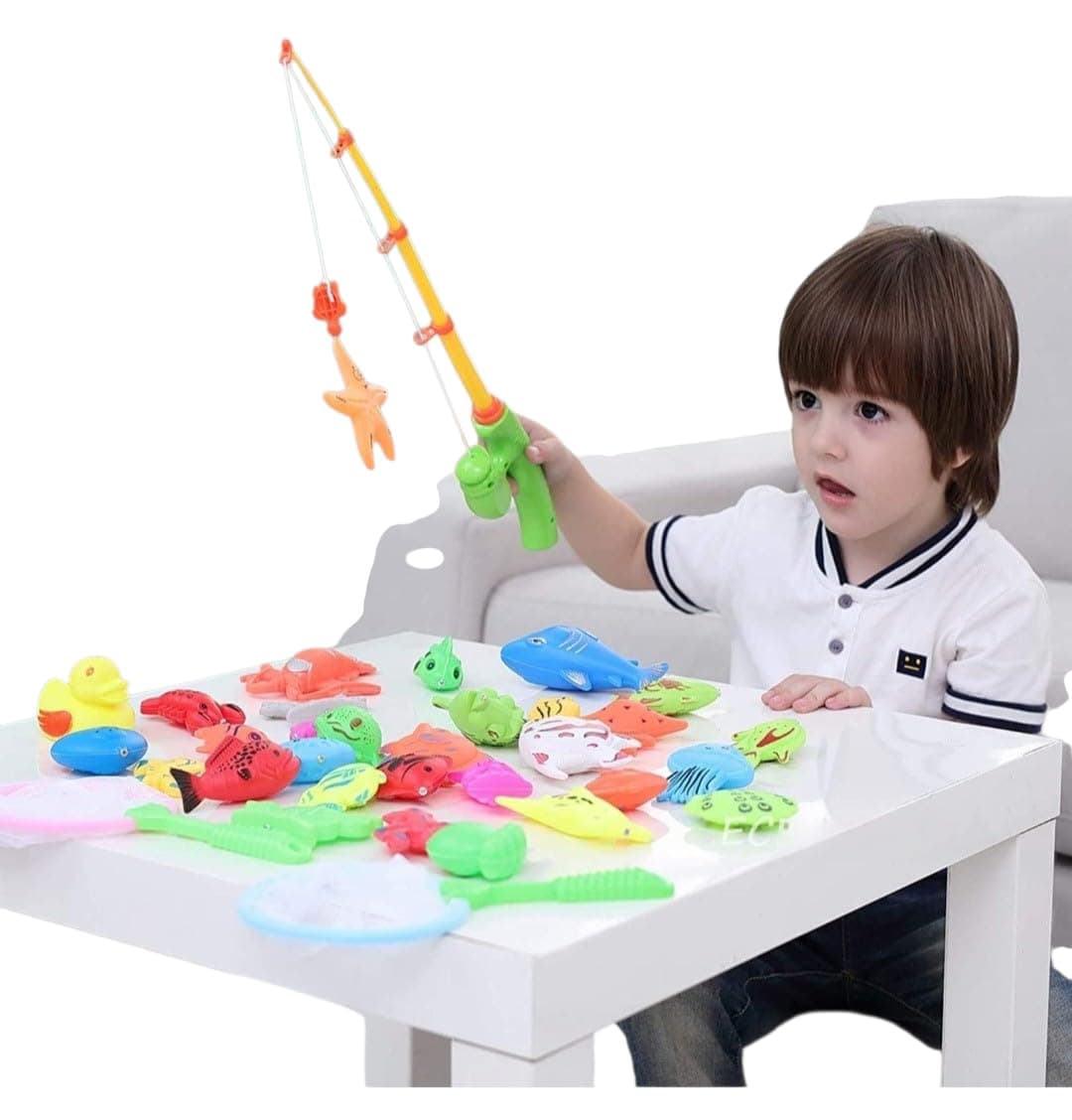 SHRIKIRTI Magnetic Fishing Game 11Pcs Set with 1 Fishing Rod, 1 Net, and 9 Sea Creatures Like Crab, Sea Horse, Lobster, Whale,Etc. for Water Play Time of Toddlers and Kids Ages 3+ (SeaAnimal)