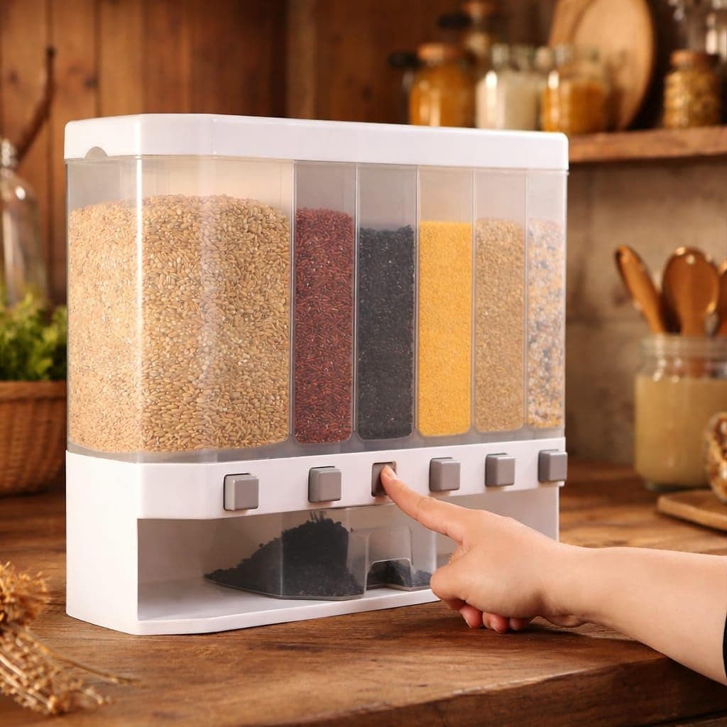 BKP HOMES Plastic Space-Saving 6 Grid Wall Mounted Food Dispenser Dry Food Storage Organizer for Rice Nuts Grains Snacks Coffee and Candy.