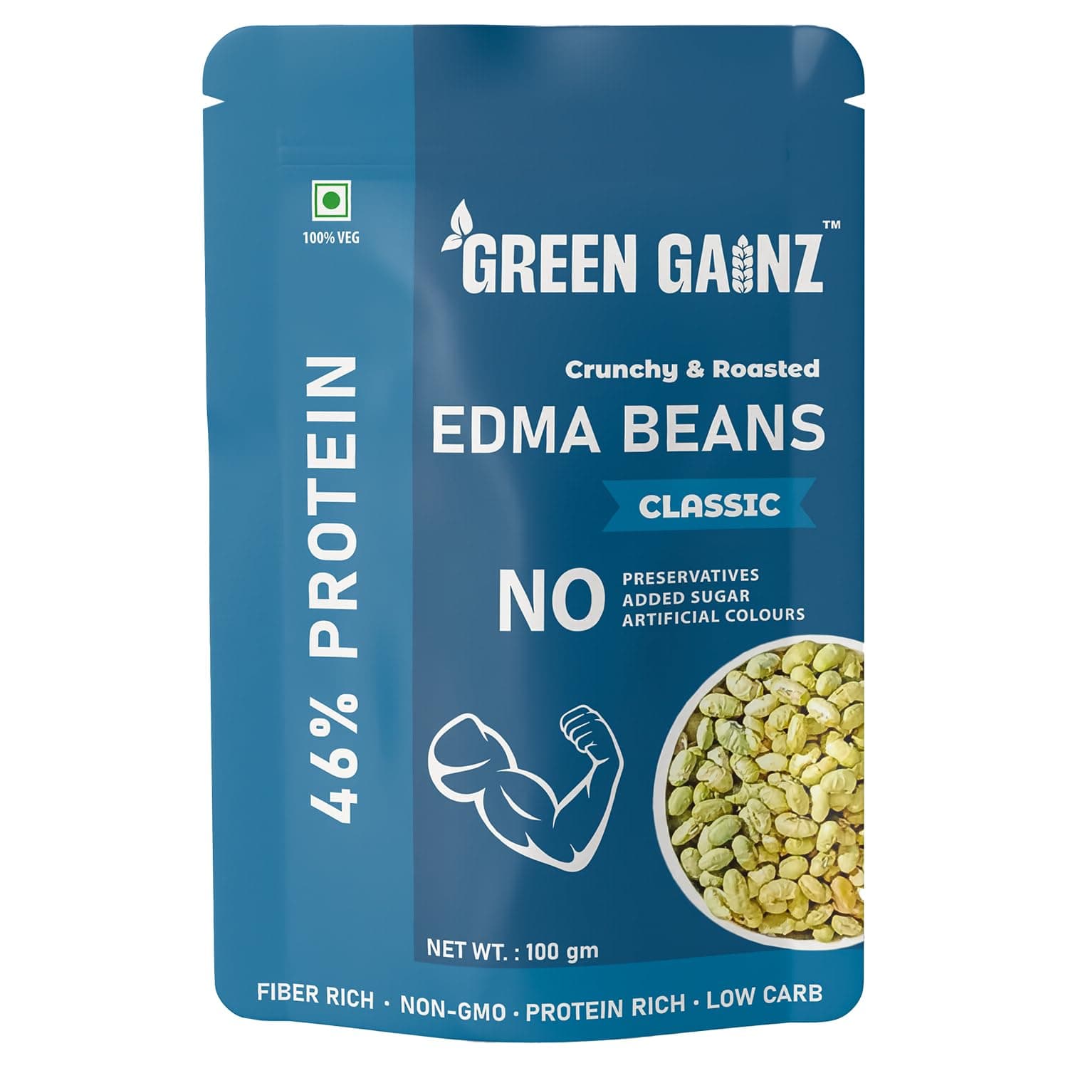 Green Gainz Roasted Edamame Classic Flavour – 100gm | 100% Veg High Protein Snack | No Added Sugar | Non-GMO | Rich in Fiber | No Gluten