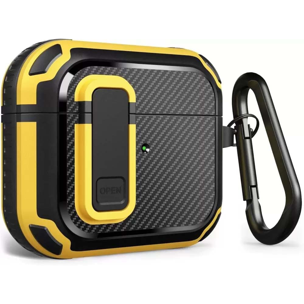 SCALEBEE Press and Release Hybrid Air pods 3 / 3rd Generation Armor Earbuds Case Cover Pouch with Lock Carabiner Wireless Charging Supported (Black Yellow)