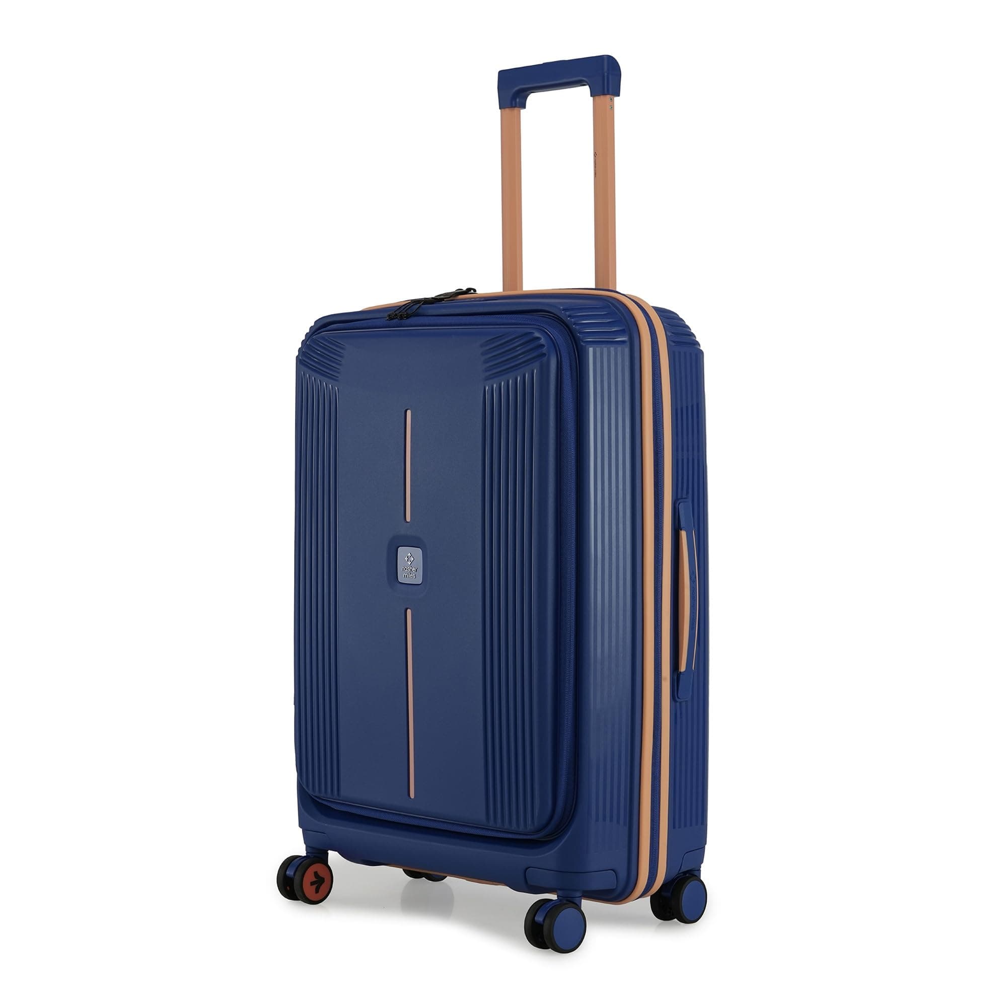 Nasher Miles Alexandria Hard-Sided Polypropylene TSA Lock Front Opening 8 Wheels Double Spinner Check-in Luggage Navy Blue Peach 24 inch |65cm Trolley Bag|Medium Check-in Luggage