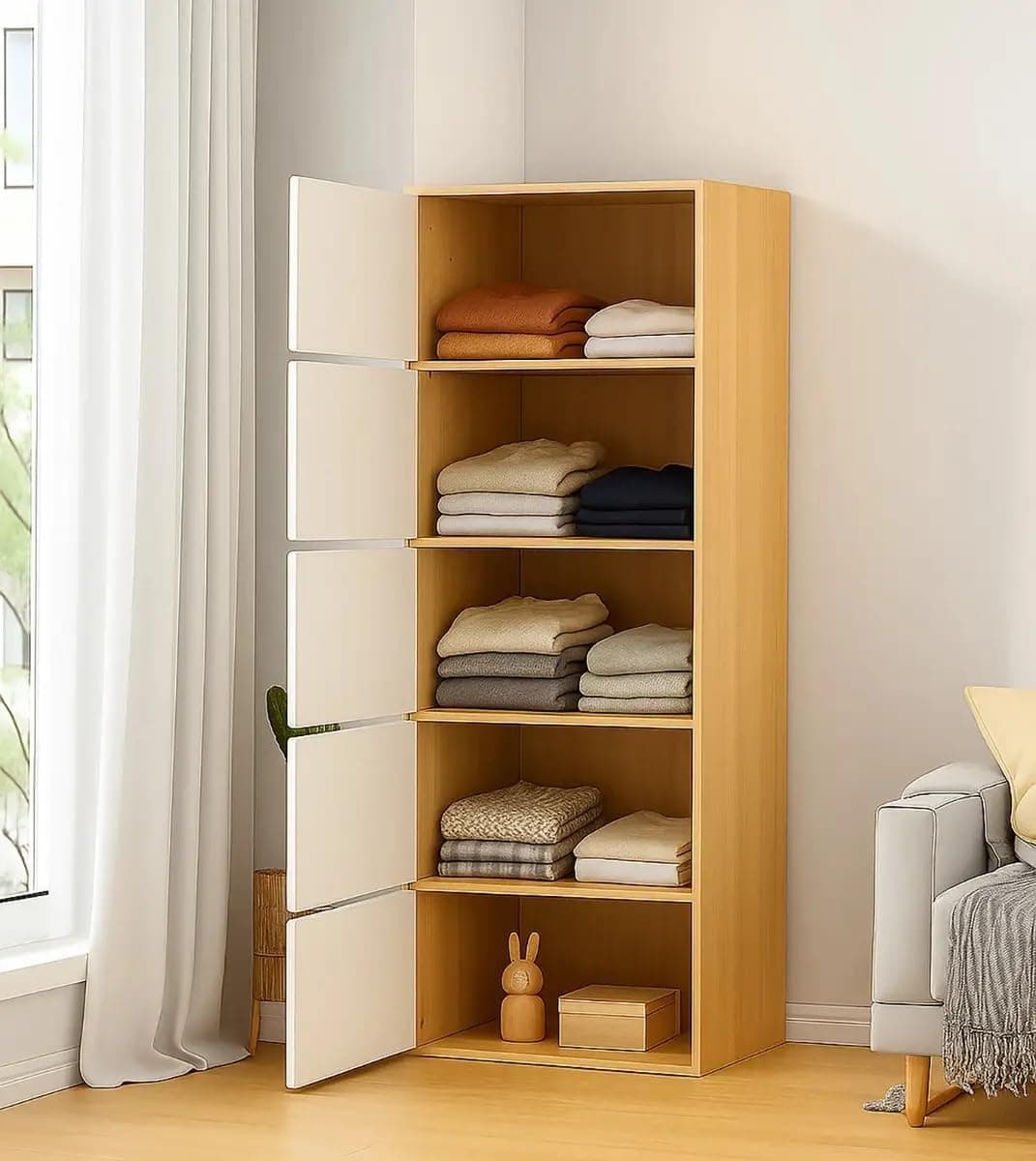 EXVITO 5 Door Premium Wooden Multi-Door Wardrobe Cabinet with Shelves | Space Saving Clothes Organizer Almirah for Bedroom, Living Room & Kids Room | Elegant Storage Almirah - Maple