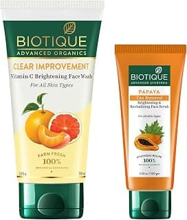 Biotique Advanced Organics Clear Improvement Vitamin C Brightening Face Wash, 150ml&Biotique Papaya Tan Removal Brightening & Revitalizing Face Scrub For All Skin Types, 100g