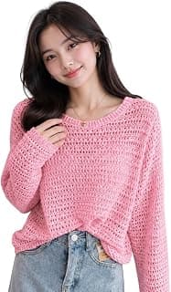 MYSTIFY Women's Crochet Knit Sweater Women Outfit Set Two Pcs Korean Summer Knitting Blouse Cutout Thin Hollow Out Pullover Sun Protection Top