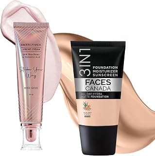FACESCANADA Rose Glow Kit | Rose Gold Strobe Cream (30ml) + Warm Natural All Day Hydra Matte Mini Foundation (18ml) | Makeup Kit For Women (Combo Pack of 2)