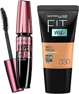 Maybelline New York Fit Me Matte+Poreless Liquid Foundation Tube, 330 Toffee, 18ml and Maybelline New York Hypercurl Mascara Waterproof, Black, 9.2ml