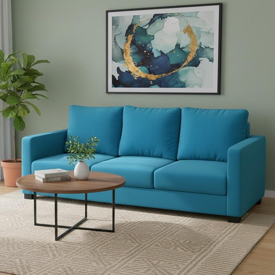FURNY Haster 3 Seater Fabric Sofa (Aqua Blue) Premium Velvet Finish Durable & Comfortable Ideal for Living Room