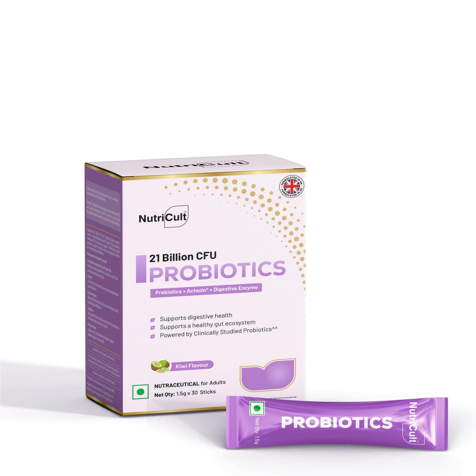 Nutricult Probiotic Sticks Probiotics & Prebiotics for Gut Health with 21.6 Billion CFU | Probiotic Supplement for Digestion, Bloating, & Gut Balance | Gut Health Supplement | 30 Sticks | Kiwi