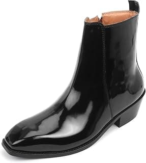 LOZANO Italian Cut Black Patent Leather Chelsea Boots for Men | High Ankle Cuban Heel Square Toe Zip Closure Cushioned Insole Boot