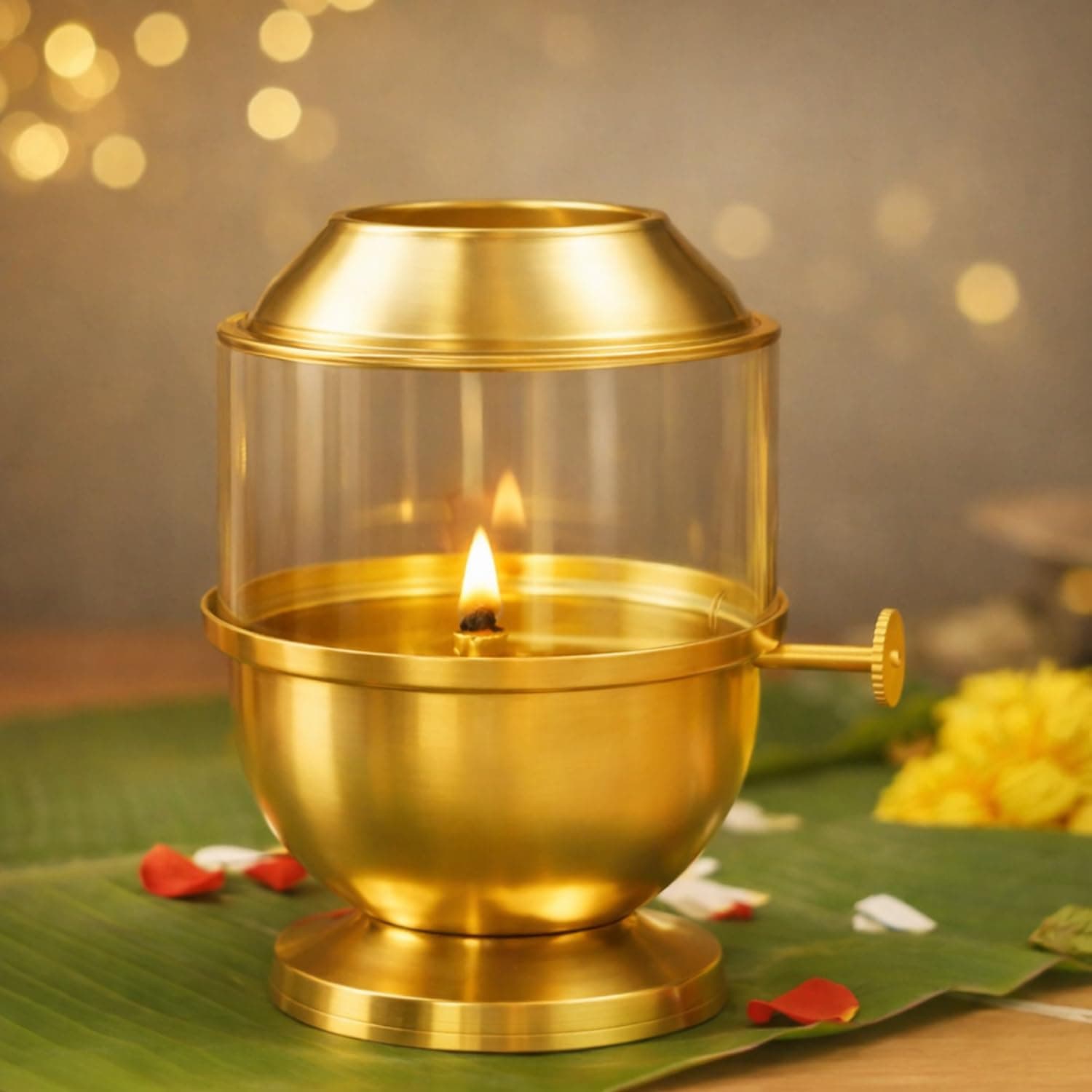 ServDharm Brass Akhand Diya with Adjustable Bati for Puja, Wick Adjustment Screw Knob and Borosilicate Glass Cover I Large, 250 ml Oil Capacity, Long Lasting 48 Hours Burn Time, 2 Wicks Included