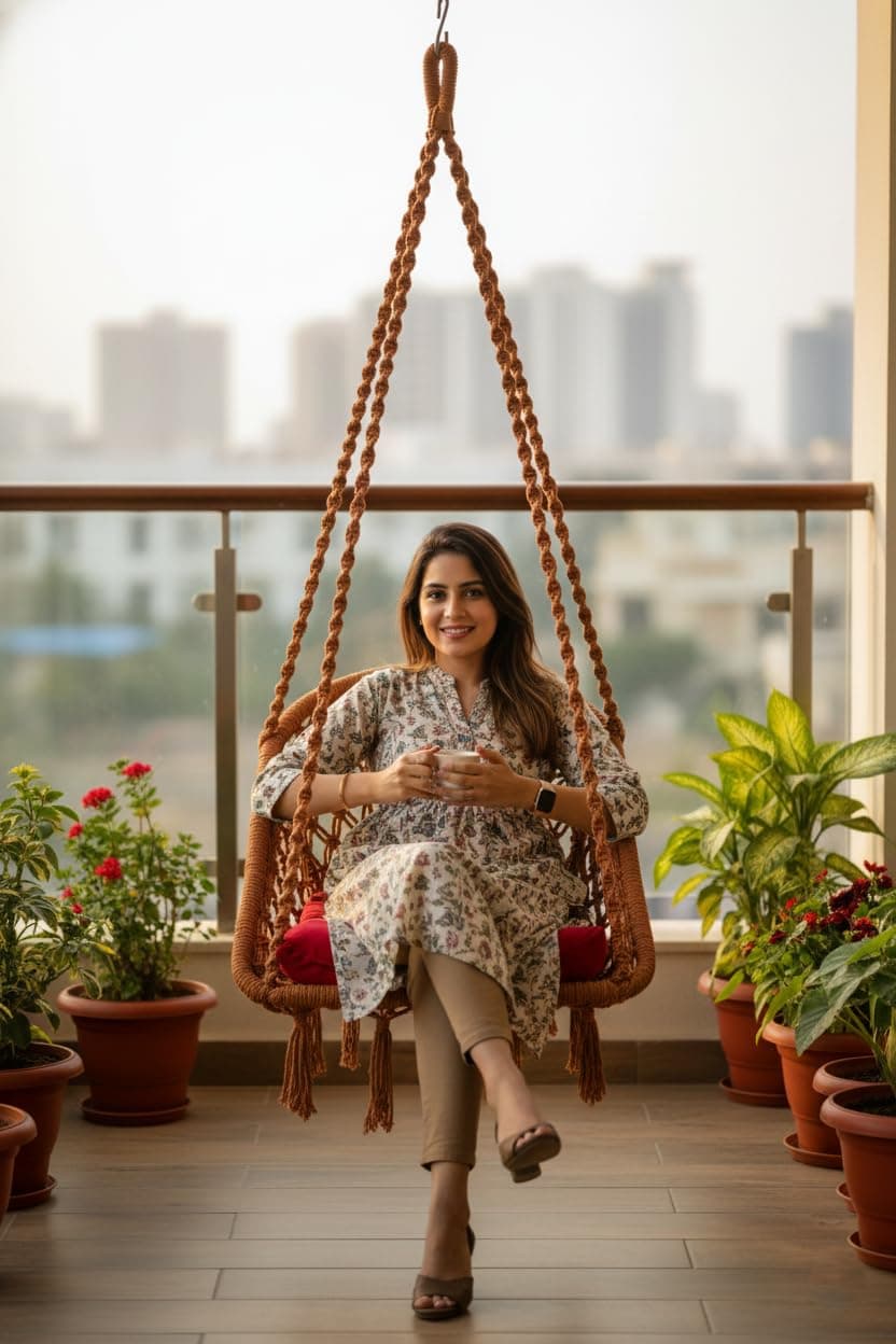 Swing for Adults & Kids for Balcony/Swing Chair for Adults for Home/Cotton D Shape Wooden Swing/Jhula/Swing for Indoor Outdoor Garden/Includes Hanging Kit & Red Cushion Brown Swing by Patiofy