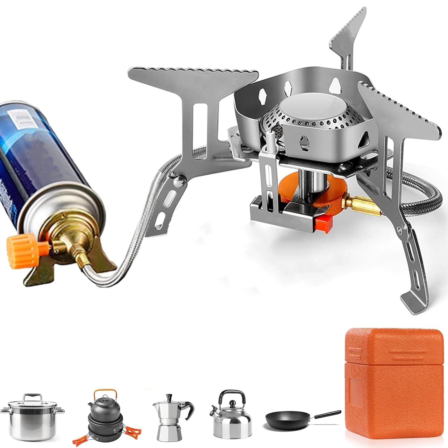 NEAR STOP Portable Cooking Gas Stove,Outdoor Camping Stove with Piezo Ignition,Stainless Steel Folding Butane Gas Stove with Storage Box for BBQ, Hiking,Trekking, Traveling, Emergency Use