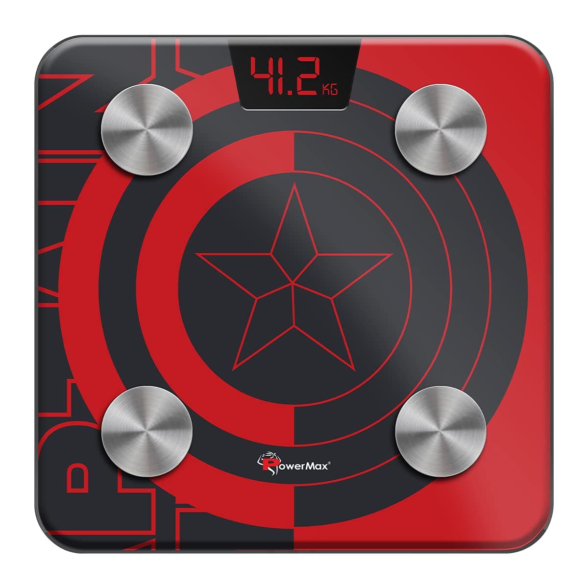 PowerMax X Marvel BCA-130 Marvel Edition Red Captain America Digital Weight Machine for Human Body - High Accuracy Bathroom Weighing Scale with Step-on Technology & Super Durable 6mm Tempered Glass