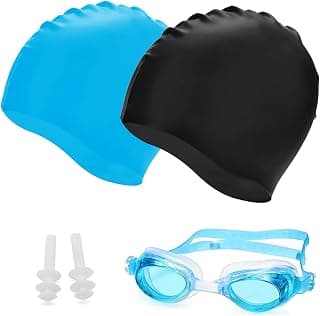 4-Piece Men’s Swimming Set Including Swim Caps, Goggles & Ear Plugs, Black & Blue Waterproof Swim Gear for Pool Training & Water Sports, Comfortable Fit with Adjustable Strap