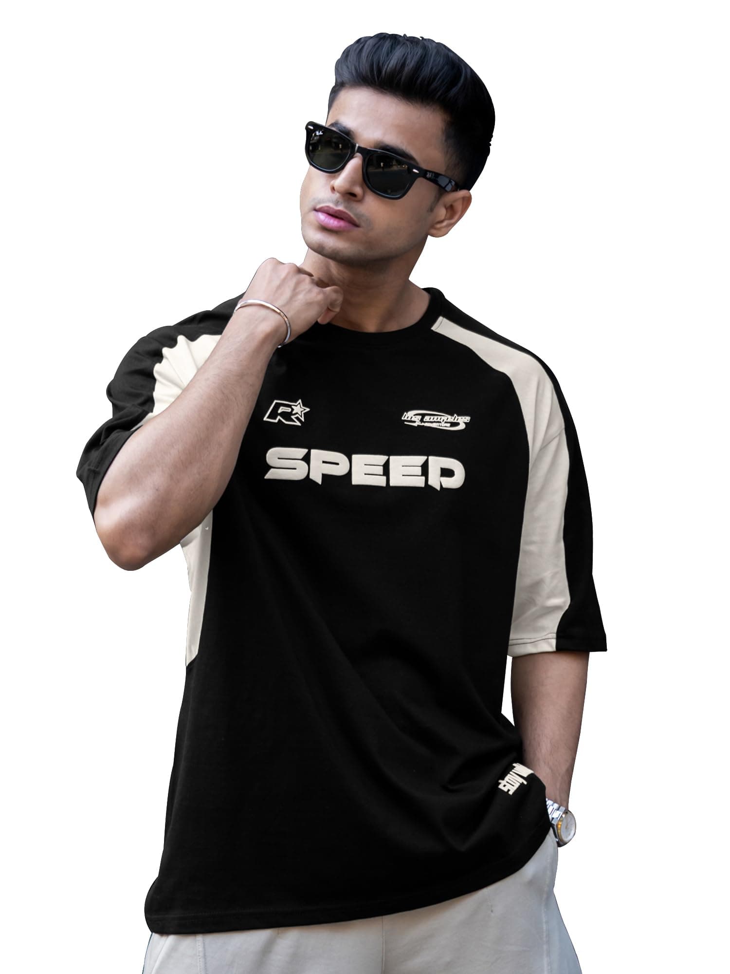 Maniac Mens Printed Round Neck Raglan Half Sleeve Black and Cream Cotton T-Shirt