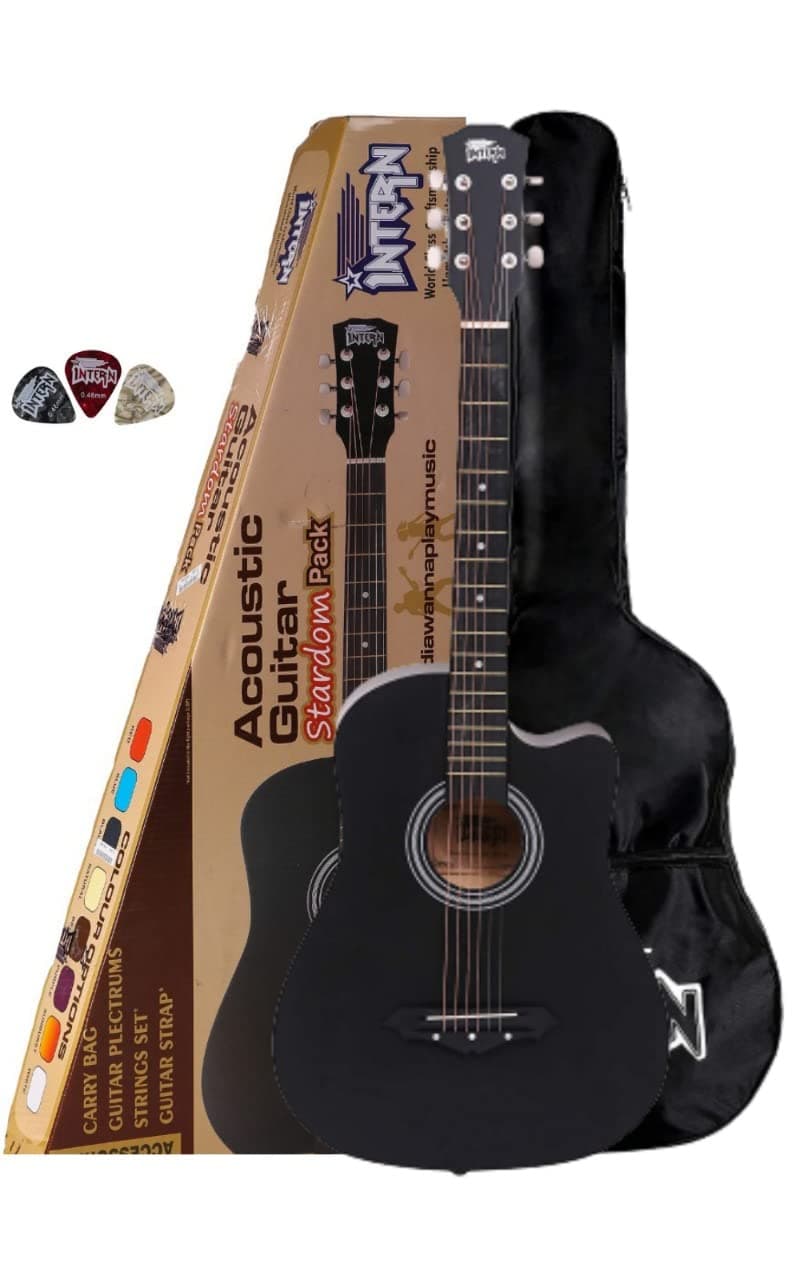 Intern 38 Inch Acoustic Guitar Cutaway with Carry Bag & 3 Picks | Wooden Guitar for Beginners, Adults | Perfect Acoustic Guitar for Learning, Jamming & Stage Performance Matt.(Black)
