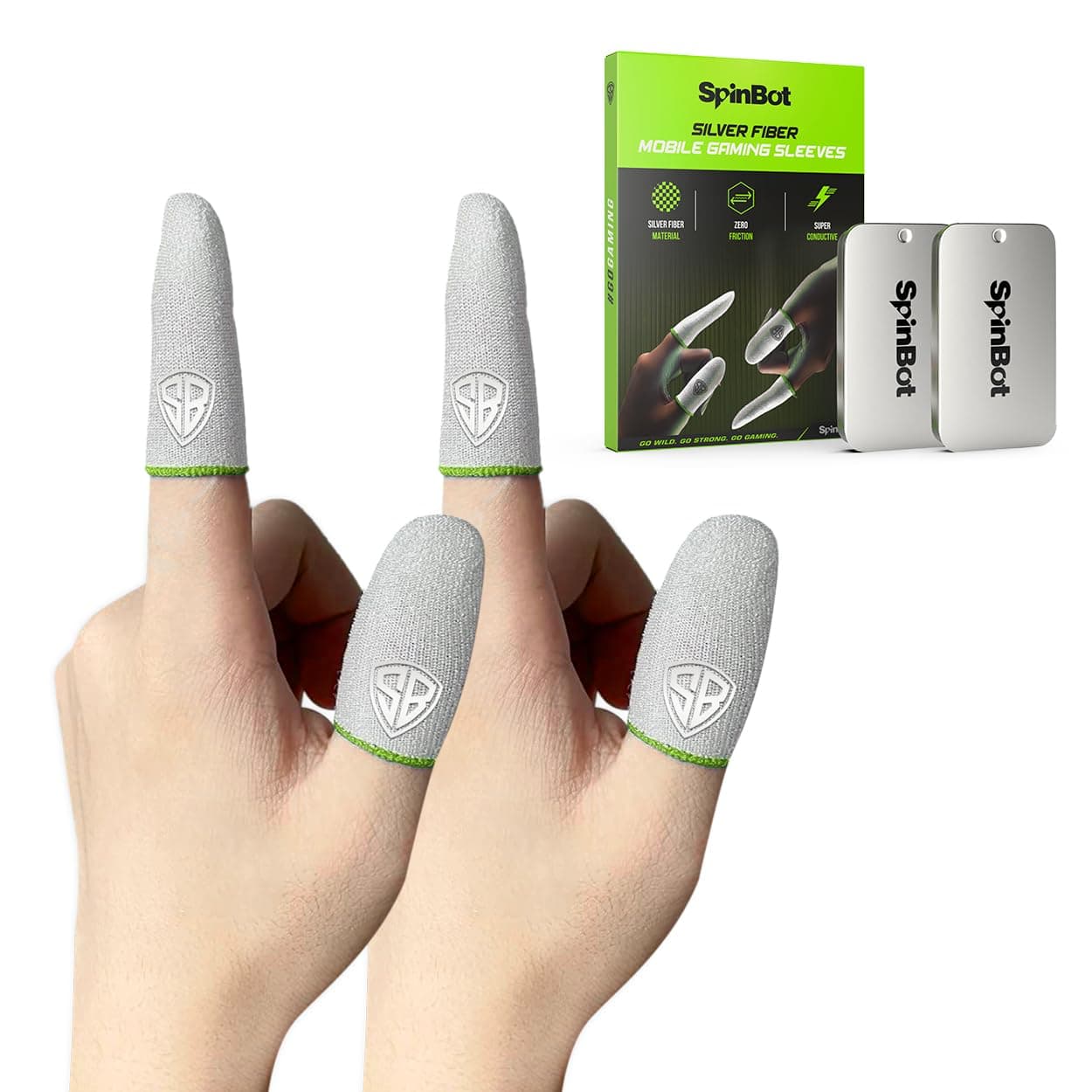 SpinBot Silver Fiber Thumb & Finger Sleeve for Mobile Game (4 Pieces), Pubg,Cod,Freefire -with Metal Carry Box-Pack of 2 Pair