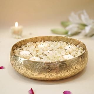BEHOMA Golden Aluminium Chitai Design 10" inch Urli | Navratri Durga Puja Indoor Outdoor Center Table Flower Decorative Bowl | Urali for Haldi, Mehandi, Wedding & Home Decor, Brass Finish 1Pc, 2000 ml