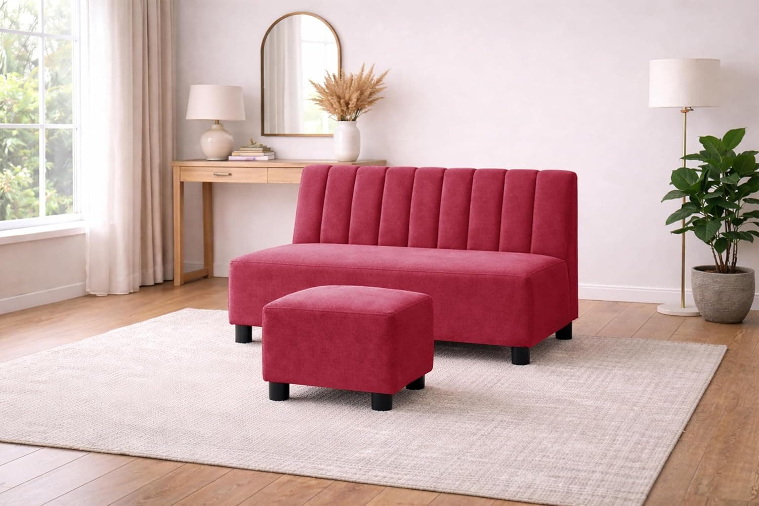 Rosebell Sofa Set with Ottoman Combo 2 Seater Sofa Set with Matching Footrest for Living Room & Bedroom - Red Color