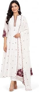 Generic White Anarkali Kurta Set with Dupatta, Floral Embroidery