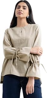 FableStreet Cotton Tie Up Sleeve Top - Beige