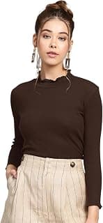 SASSAFRAS Women’s Ribbed Basics Full Sleeves Multi Stripe High Neck – Casual Ribbed T-Shirt Tops