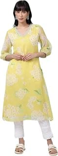 W for Woman Yellow Floral Printed Chiffon Flared Kurta with Beads
