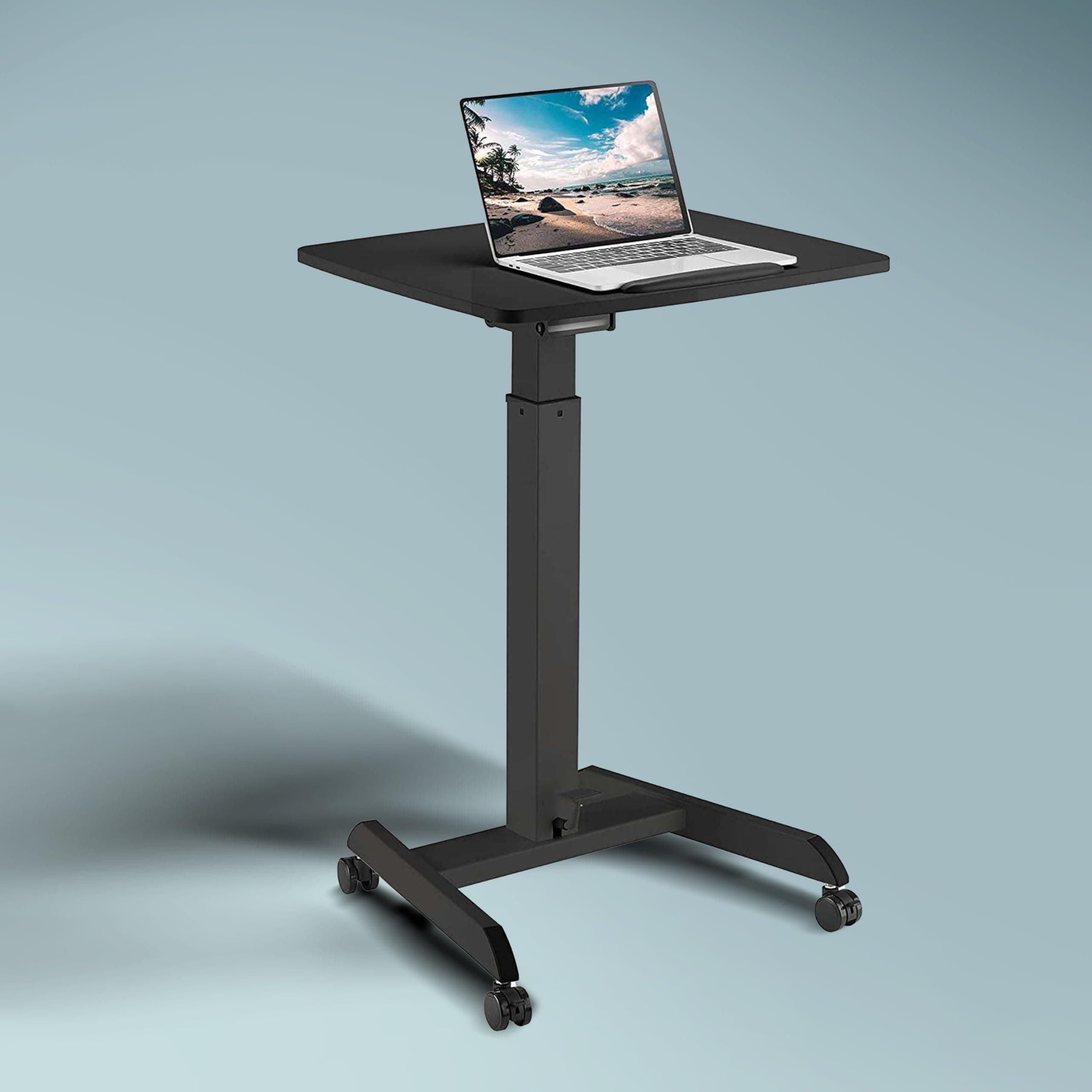 JIN OFFICE Ergonomic Height Adjustable Laptop Desk| 1 Year Warranty| Sit Stand Table with Lockable Wheels| Standing Desk for Home Office| Thick Column and Wide Steel Base| Spacious MDF top| Black