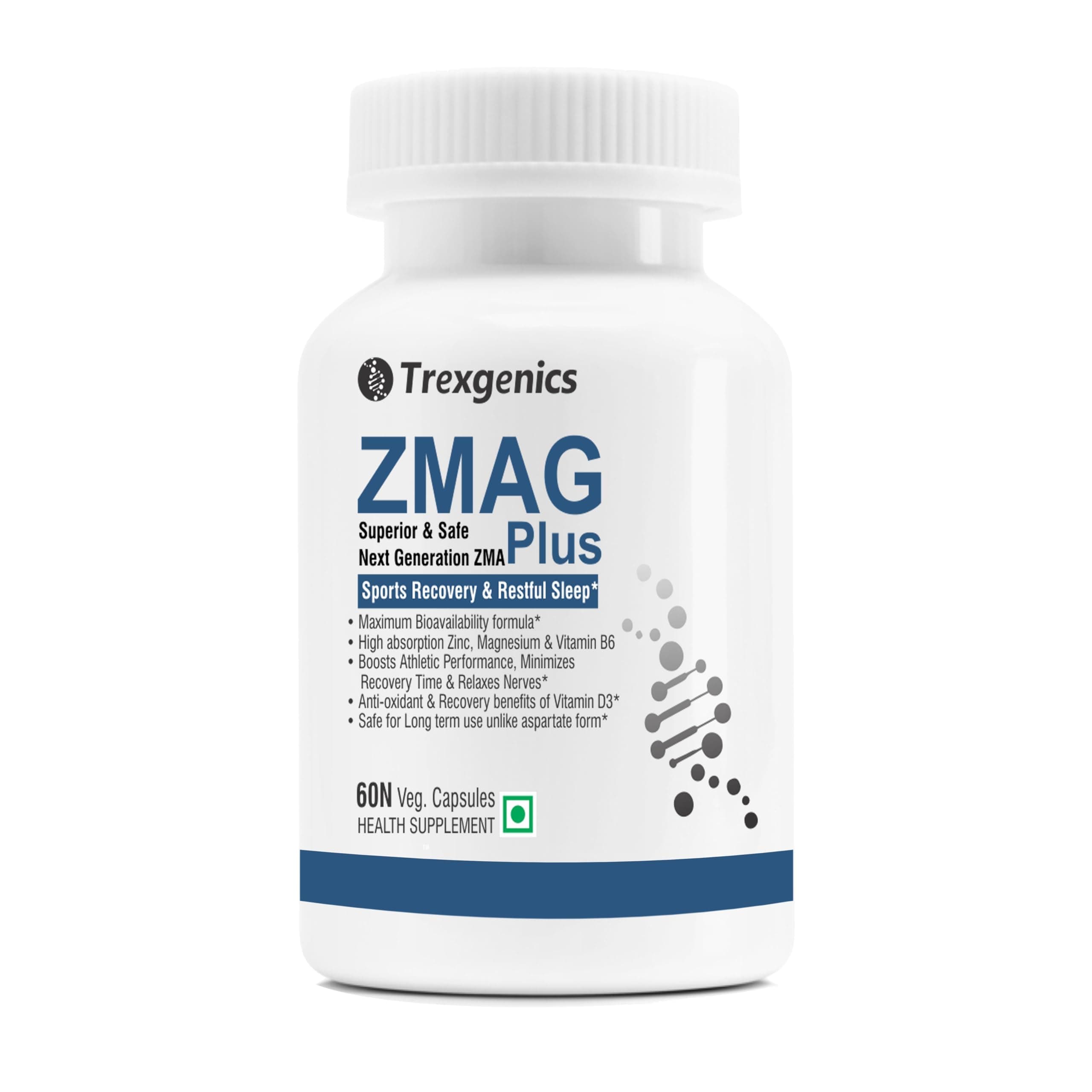 Trexgenics ZMAG PLUS Next Generation Sports Recovery, Restful Sleep complex with Bioactive Zinc & Magnesium Bisglycinate, Active B6 P5P & Vit. D3 Advanced, Bioavailable & Safe (60 Veg Capsules)