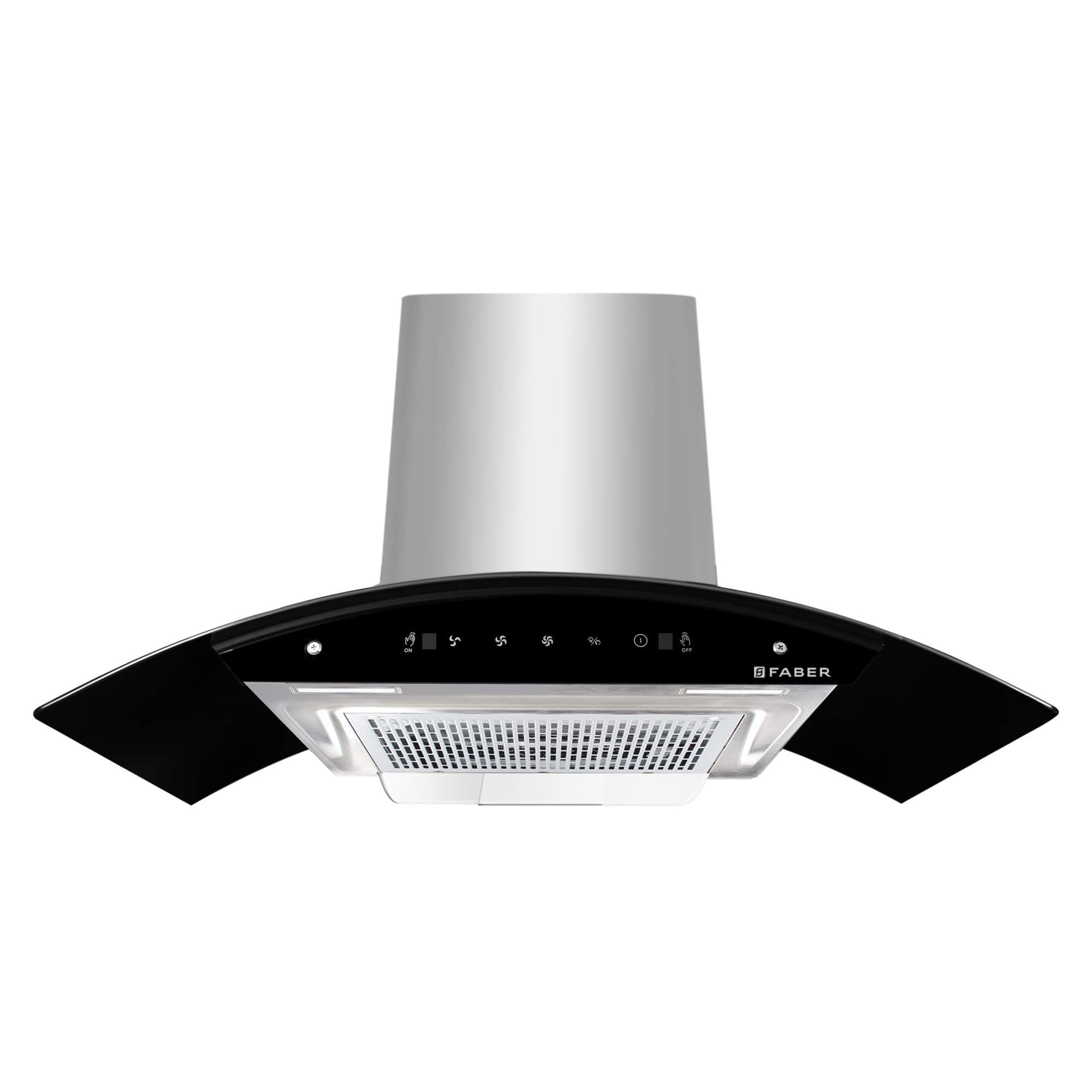 Faber 90 cm 1200 m³/hr Auto-Clean curved glass Kitchen Chimney (HOOD ORIENT XPRESS HC SC SS 90, Filterless technology, Touch Control, Stainless Steel)