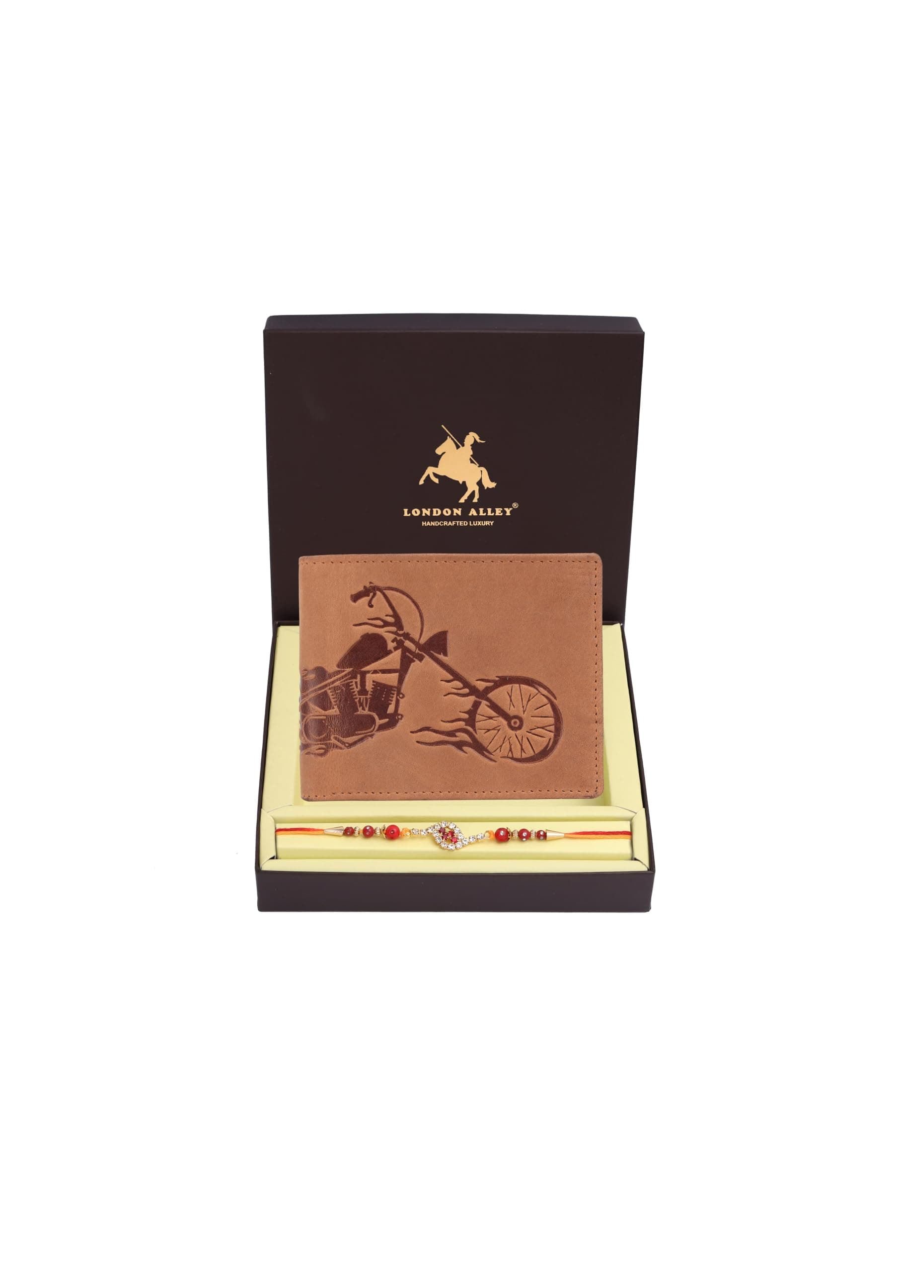LONDON ALLEY Men's Harley Vintage Tan Leather Wallet and Rakhi Combo Gift Set for Brother