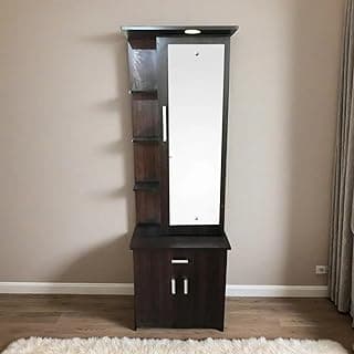 CASPIAN Engineered Wood Single Door Wooden Vanity Dressing Table (Walnut) | Pre-Assembled Furniture With Mirror, LED Light | Makeup & Accessories Storage Organizer with 4 Shelves, 1 Cabinet & 1 Drawer