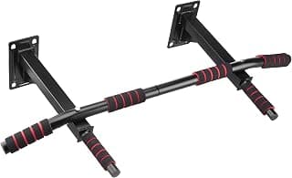 Amazon Basics Wall Mounted Pull-Up Bar | for Pull-Ups, Chin-Ups & Leg Raises | Non-Slip Grip | Max Load Capacity - 120 kg | Indoor Workout | Red