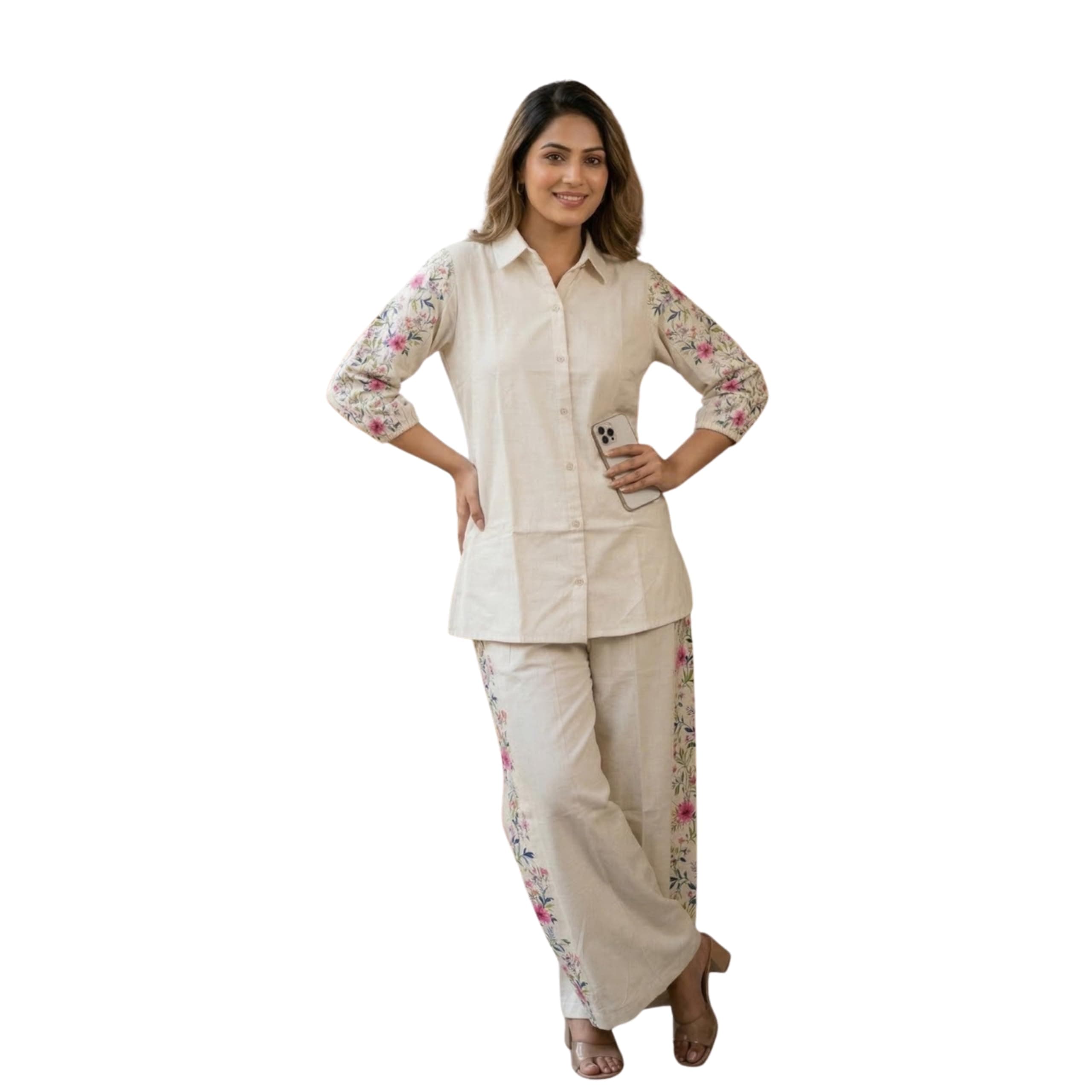 SHANTVAN GALLERY Women Co Ords Set Cotton Linen Shirt and Palazzo Co Ord Set for Women Stylish with Printed Sleeve and Side Panel Detail, Regular Fit Coordinated Outfit