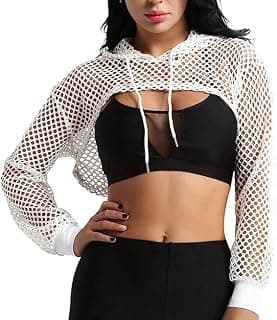 2 Pc Collection Stylish Women Full Sleeve Casual Fishnet Crop Hoodie (Medium, White)