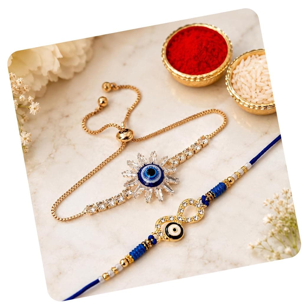 CraftVatika Evil Eye Bracelet Rakhi Set for Brother Bhaiya Bhabhi Set of 2, Rakhis for Rakshabandhan, Hand Bracelet Rakhi for Bhabhi, Infinitive Evil Eye Rakhis for Men Brother with Best Wishes Card,Tilak set