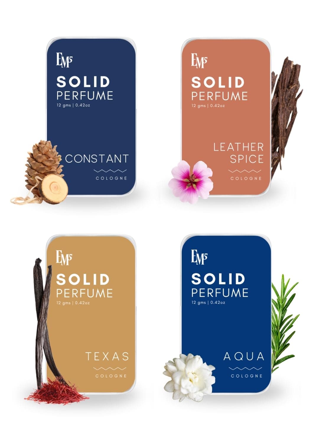 EM5 Pack of 4 Solid Perfume for Men | Constant, Texas, Aqua & Leather Spice Fragrances | Alcohol Free Non-Greasy Cologne Wax | Travel & Pocket Friendly Gift Set for Him (12g Each, Pack of 4)