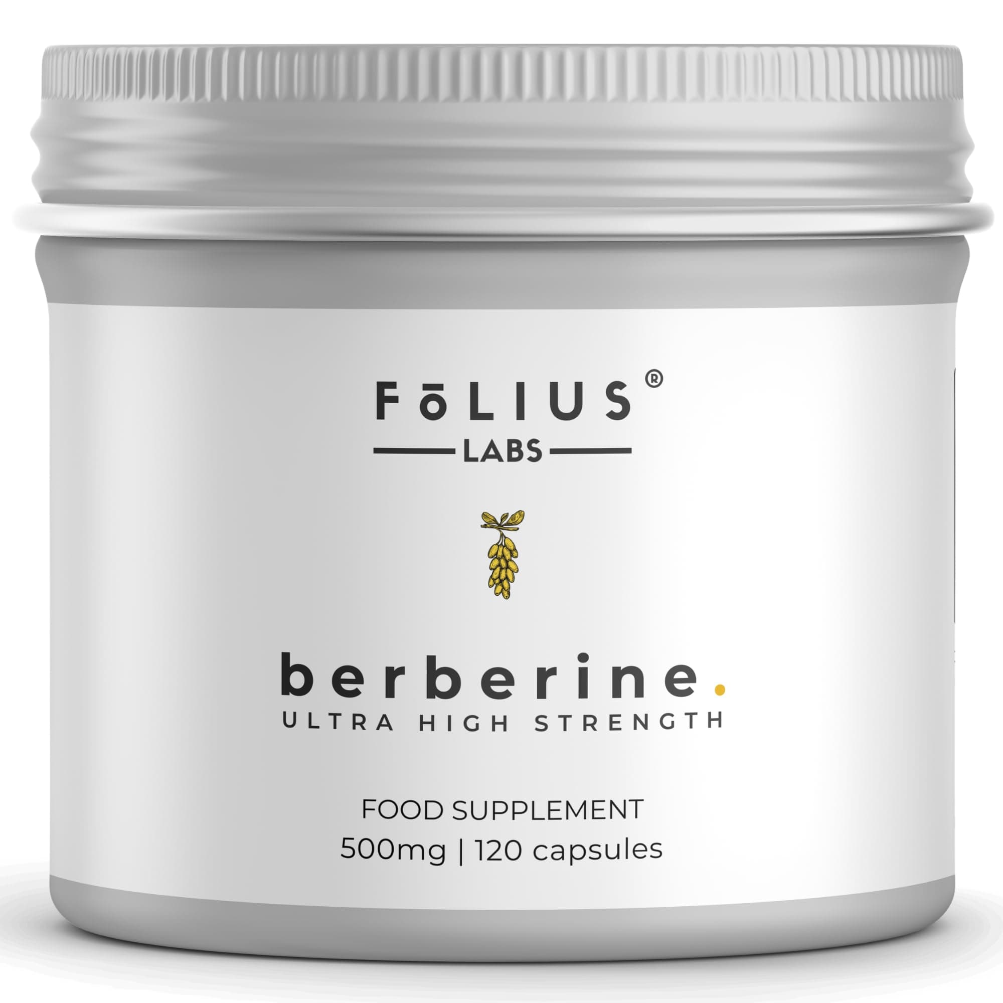 FOLIUS LABS Clean Label Berberine HCl 97% - Clinically Studied Ultra High Strength Pure Berberine Supplement 500mg - Support Blood Sugar, Lower Cholesterol, PCOS supplements - 120 Capsules
