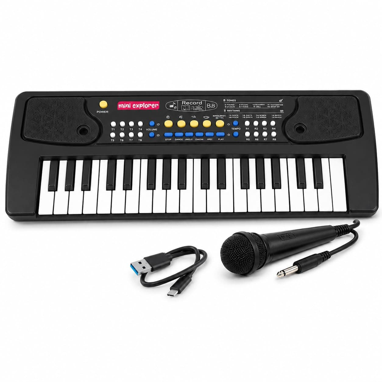 MiniExplorer Kids Piano Keyboard with Mic | 37 Keys, 8 Rhythms, 8 Tones & 6 Demo Songs | Electronic Musical Toy for Boys & Girls Age 2-5 | Educational & Recording Keyboard for Beginners