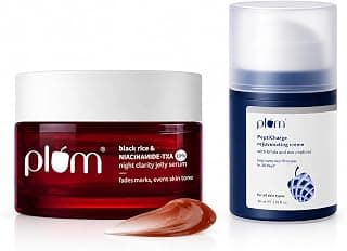 Plum Clear & Firm Skin Duo | Black Rice & Niacinamide-TXA 10% Night Clarity Jelly Serum 25g + PeptiCharge Rejuvenating Crème 30g | Reduces Dark Spots, Acne Marks & Improves Skin Firmness