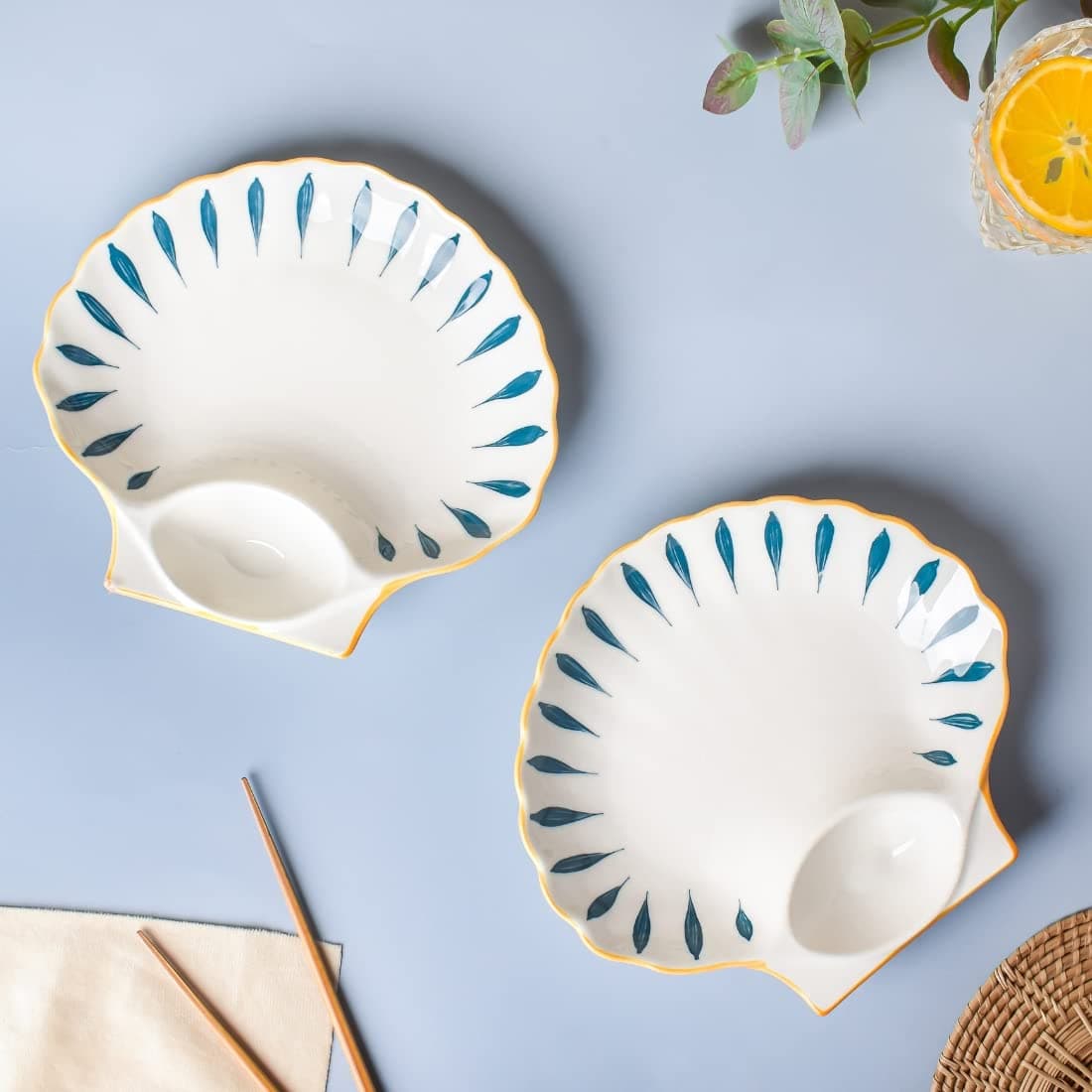Nestasia Set of 2 Ceramic Shell-Shaped Snack Plate with Dip Section for Chutney | Microwave & Dishwasher Safe Starter Plates | Perfect for Fries, Momos, Sushi, Kebab (White & Blue)