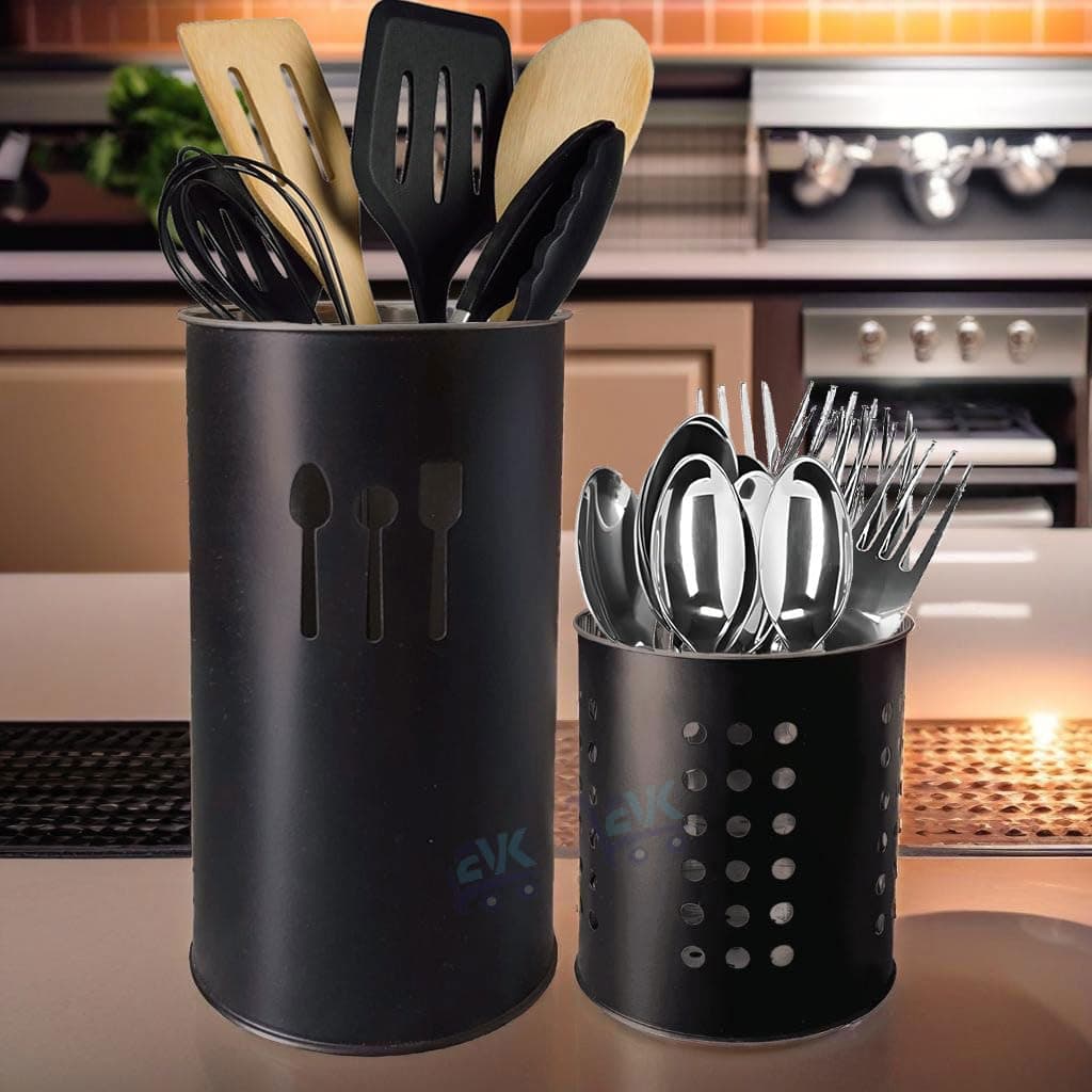 EVK Self Draining Tableware Storage Box - Spoon,Knife,Fork,Chopstick,Stainless Steel Cutlery Holder Organizer Stand for Kitchen (EVK-Big Spoon &Small Dot Cutlery-Black),18 cm,10 cm ,10 x 10 x 10 cm