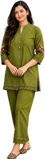 A2 Cloth Women's Pure Cotton Co-Ord Set, Green Kurta with Pant, Floral Embroidered 3/4 Sleeve, Stylish Pocket Design