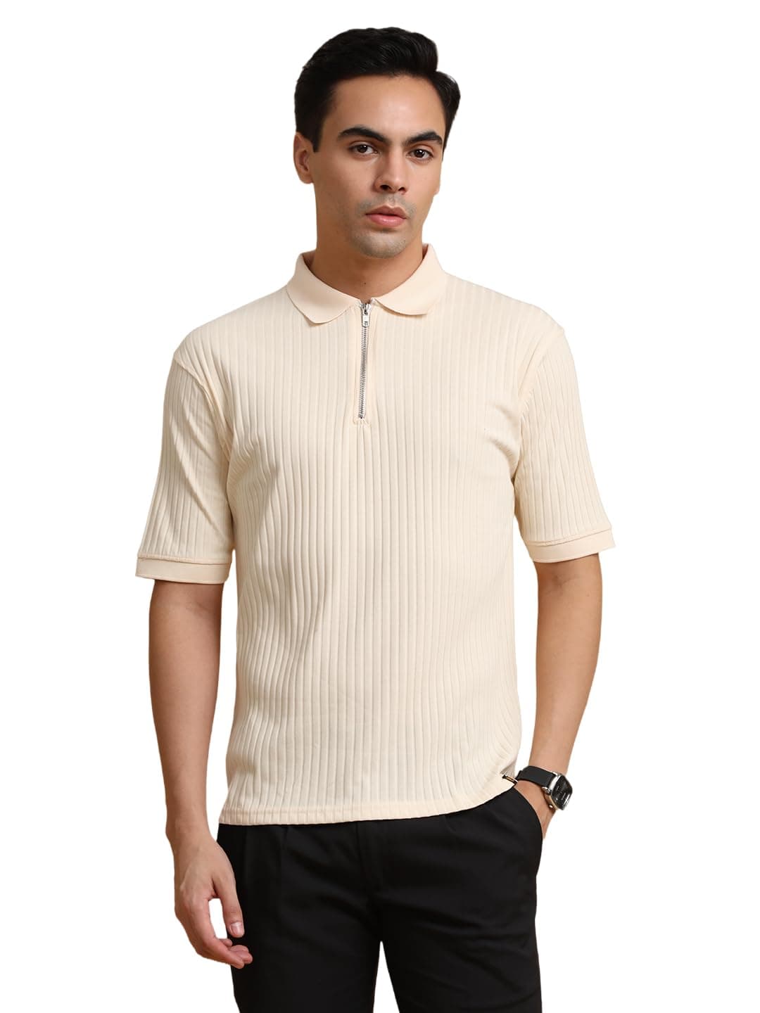 Maniac || Men || Textured || Polo Neck || Half Sleeve || Half Zipper || Cotton || T-Shirt