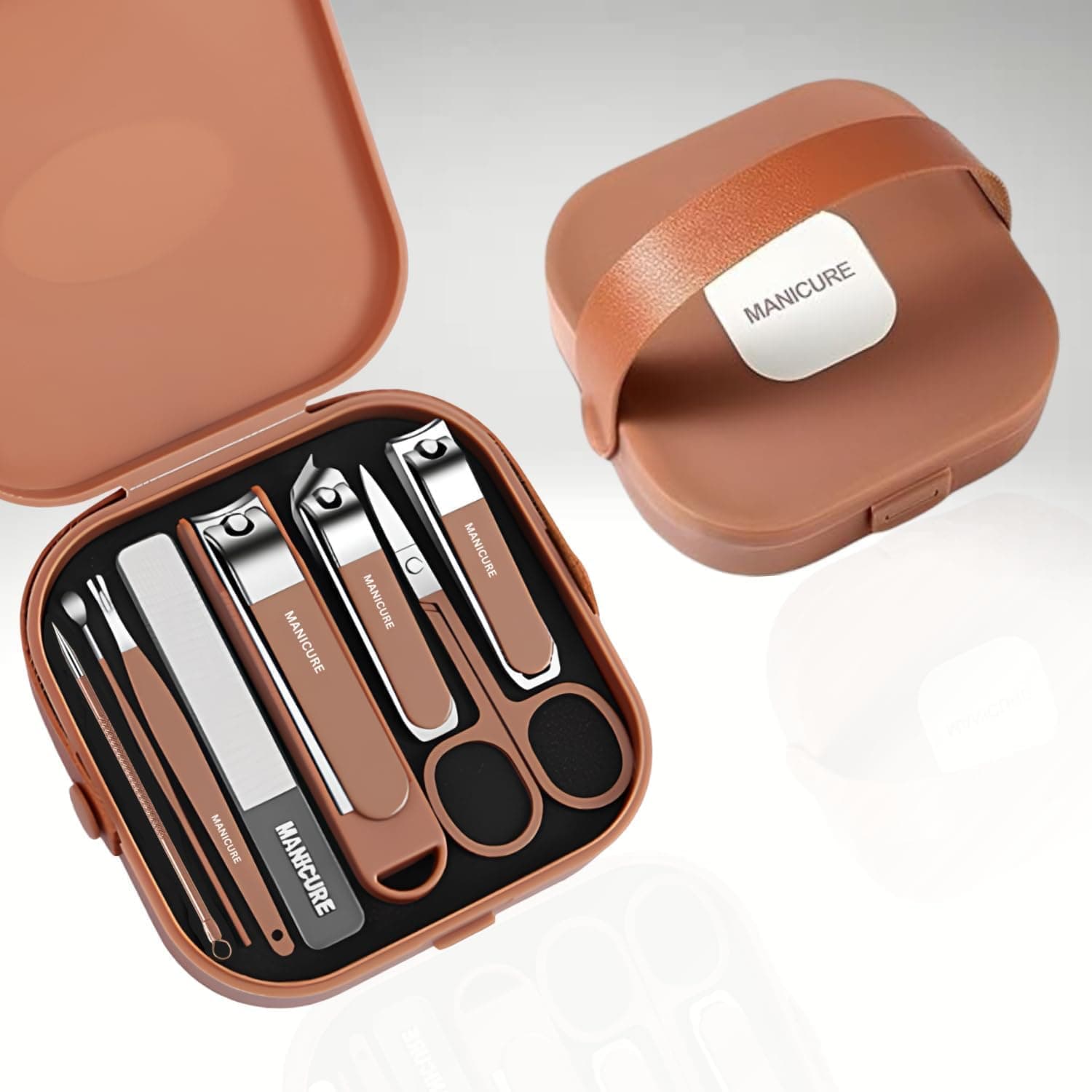 PIXSHINE 8 in 1 Nail Clipper Set – Professional Manicure & Pedicure Kit for Men & Women Portable Nail Clippers Set Stainless Steel Fingernail Clippers Personal Grooming Kits (Pack of 1, Brown)