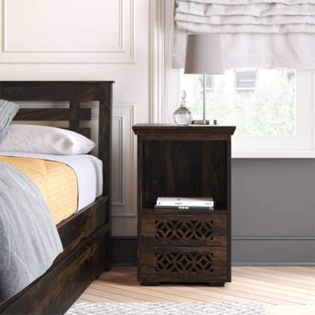 Vivek Wood Solid Sheesham Wood Bedside Table for Bedroom | Handmade Pure Wooden Bed Side Nightstand End Table with 2 Drawers & 1 Open Shelf Storage for Home & Bed Room | Rosewood, Warm Chestnut