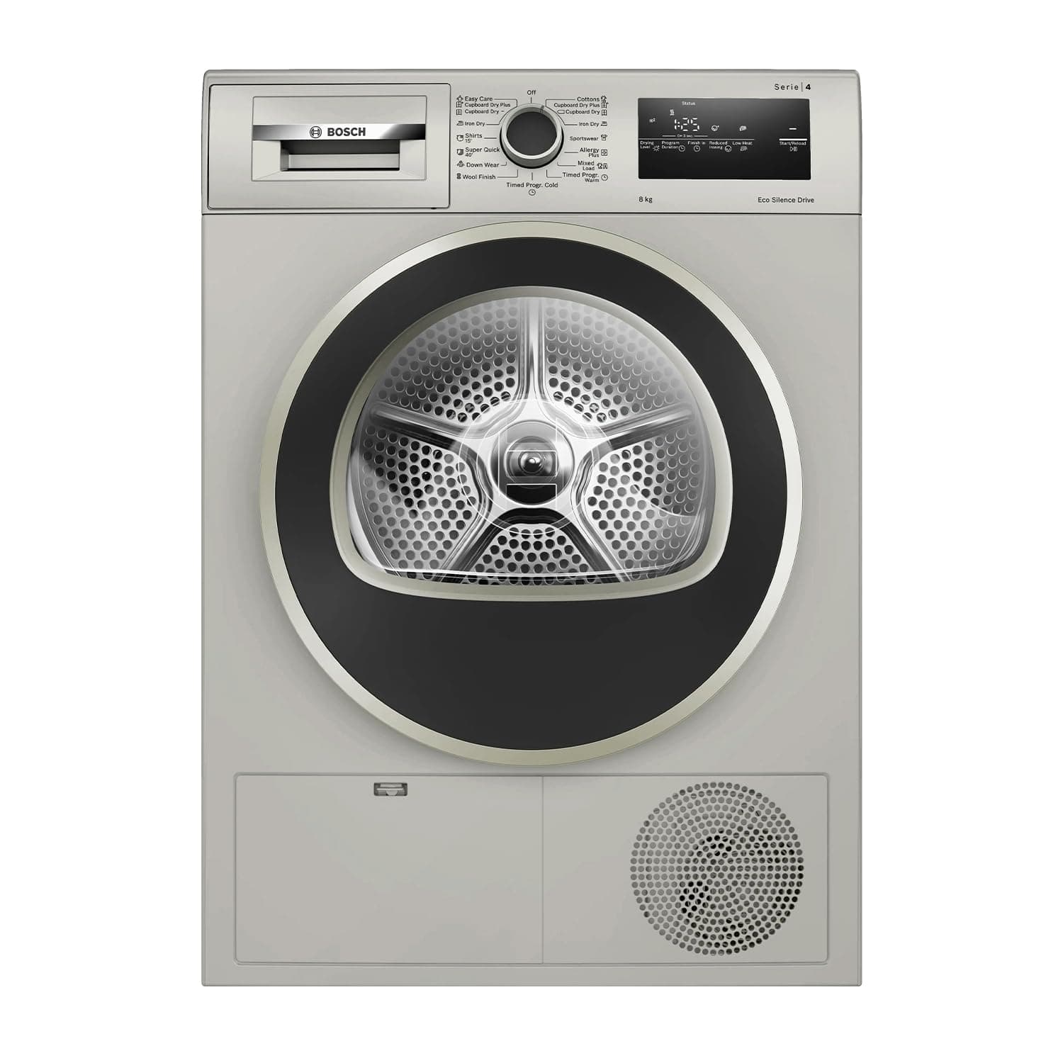 Bosch 8 kg Front Load Condenser Tumble Dryer, 100% Drying, Cottons & Easy Care Programs, Reduces 99.9% Allergens, Anti-Crease, Silver Inox (WTN86202IN)